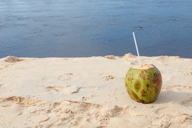 Foto van verse kokosnoot op tropisch strand