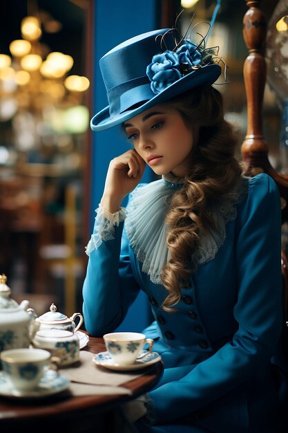 Foto foto van vintage cafe melancholy een figuur zit aan een hoektafel in een blue monday wallpaper phone