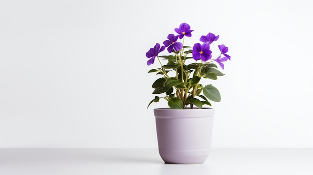 Foto van Violette bloem in pot als kamerplant voor huisdecoratie die op witte achtergrond wordt geïsoleerd
