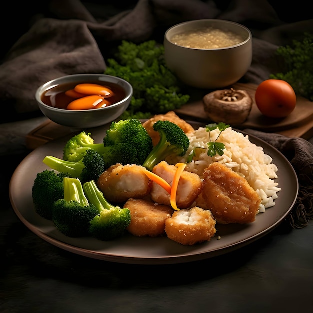 Foto van voedsel op een bord met broccoli, rijst en kippennuggets
