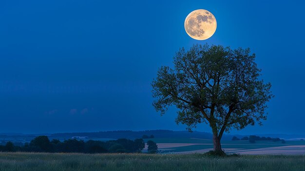 Foto van volle maan schijnt in de lucht een boom op de achtergrond nacht landschap behang voor comp