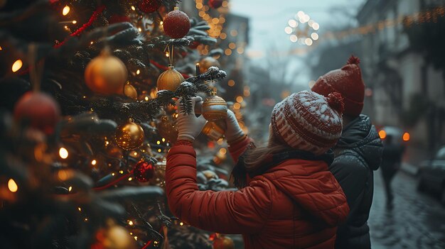 Foto van vrienden die een kerstboom versieren in een voorstedelijk Amerikaans S Festival Holiday Concept