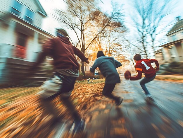 Foto foto van vrienden die een spel van touch football spelen op thanksgiving day festival holiday concept