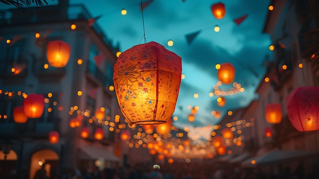 Foto van vrienden die kleurrijke papieren lantaarns vliegen tijdens een Lantern Festival Holiday Concept