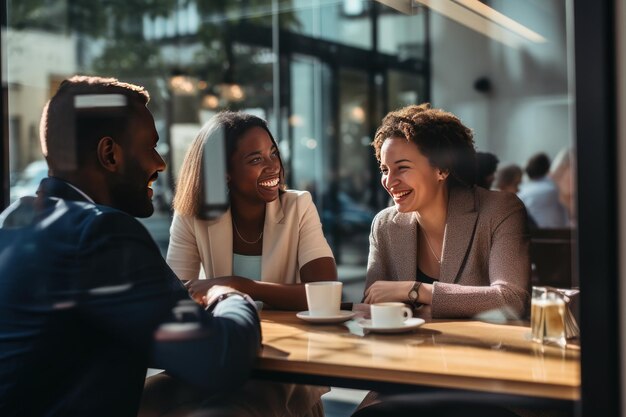 Foto foto van vrienden die koffie drinken uit kopjes en levensverhalen uitwisselen op een warme en gastvrije