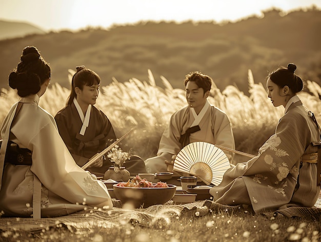 Foto van vrienden die traditionele Koreaanse spelletjes spelen tijdens een picknick in gezinsactiviteiten