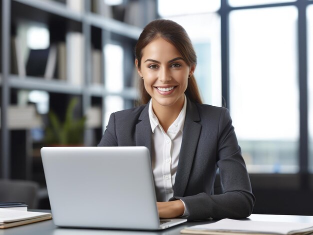 Foto van vrolijke aardige vrouw die laptop gebruikt Mooie zakenvrouw typen op laptop Generatieve AI