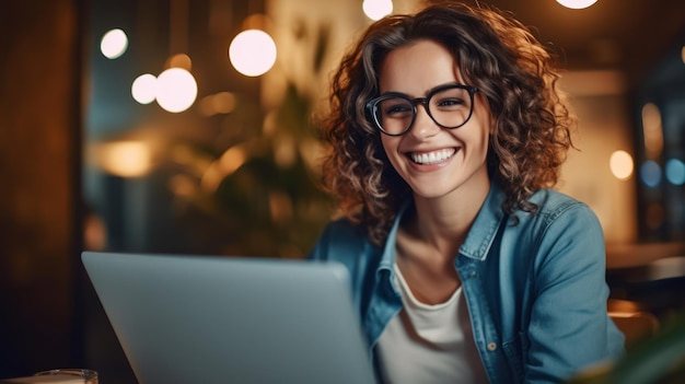 Foto van vrolijke aardige vrouw die laptop gebruikt Mooie zakenvrouw typen op laptop Generatieve AI