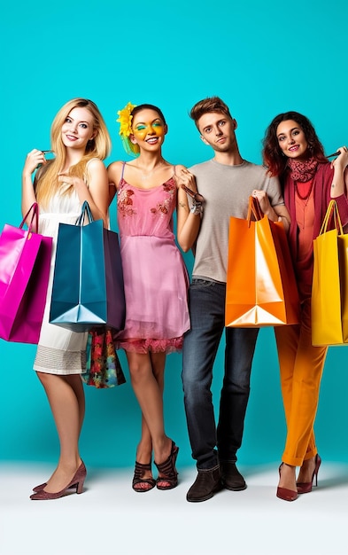 Foto van vrolijke, opgewonden winkelende meisjes met kleurrijke tassen