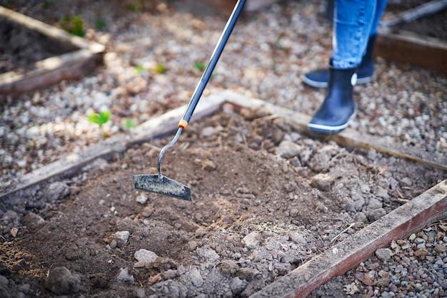 Foto van vrouw aan het werk met gereedschap in de tuin