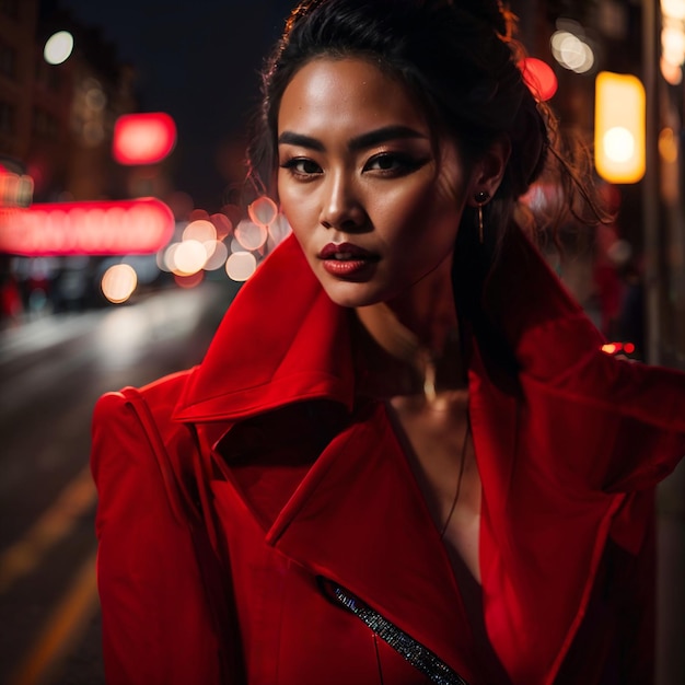 Foto van vrouw in rode stof 's nachts op straat met lichte generatieve AI