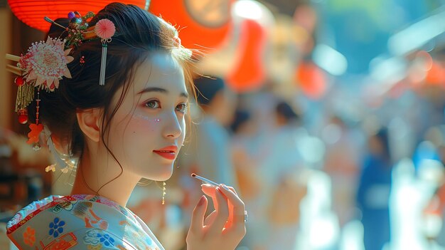 Foto van vrouwen die traditionele make-up aanbrengen op het Gion Matsuri Festivals Holiday Concept