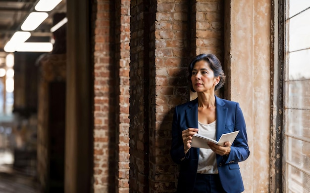 Foto van werkende ondernemersvrouw in fabriek met generatieve AI van machine en werknemer