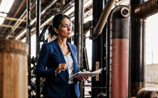 Foto van werkende ondernemersvrouw in fabriek met generatieve AI van machine en werknemer