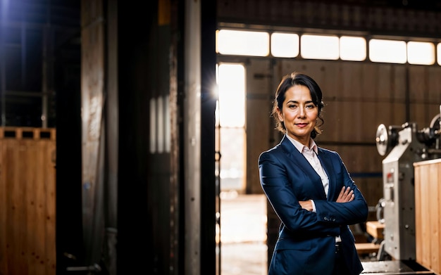 Foto van werkende ondernemersvrouw in fabriek met generatieve AI van machine en werknemer