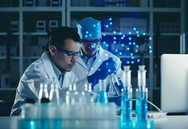 Foto van wetenschappelijke laboratoriumonderzoekers die in een modern laboratorium werken met laboratoriumartikelen