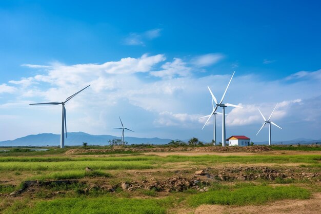 Foto van windpark of windpark met hoge windturbines voor het opwekken van elektriciteit Groene energie