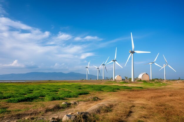 Foto van windpark of windpark met hoge windturbines voor het opwekken van elektriciteit Groene energie