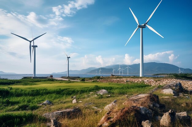 Foto van windpark of windpark met hoge windturbines voor het opwekken van elektriciteit Groene energie