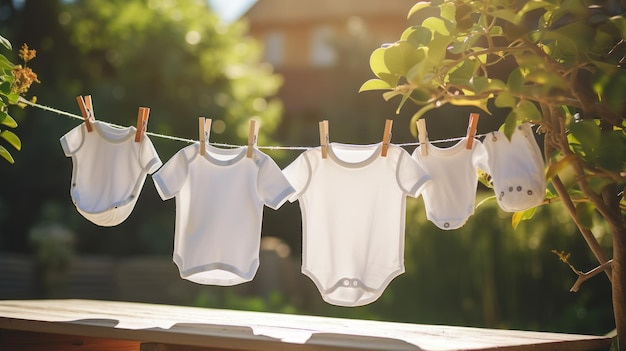 foto van witte baby kleren die buiten op de waslijn hangen