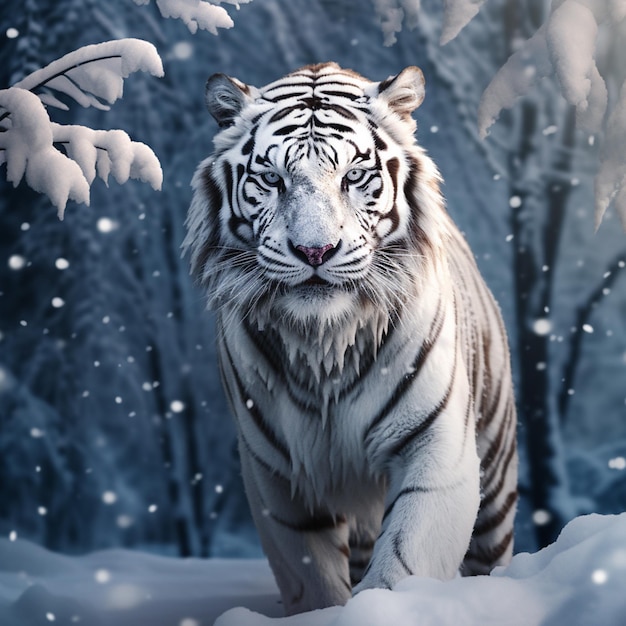 foto van witte tijger in sneeuw gegenereerd door Ai