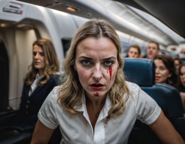Foto foto van woede boze stewardess bemanningslid vrouw discussiëren de andere met wond op het gezicht generatieve ai