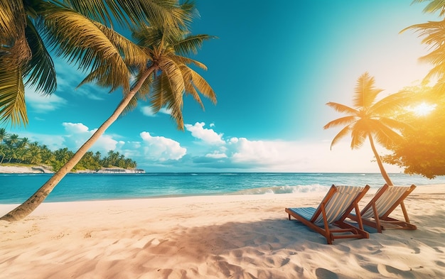 Foto van zomerstrand met parasol en stoelen