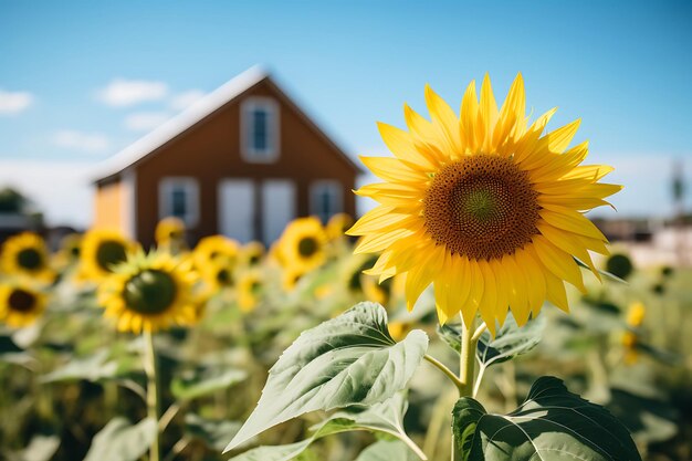 Foto van zonnebloemen met een boerderij op de achtergrond