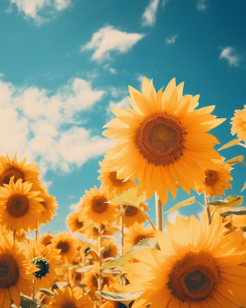 Foto van zonnebloemen tegen de blauwe lucht