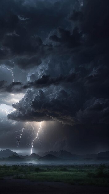 Foto foto van zware donkere regenwolken in de lucht met donder en bliksem die tornado's op een veld storten