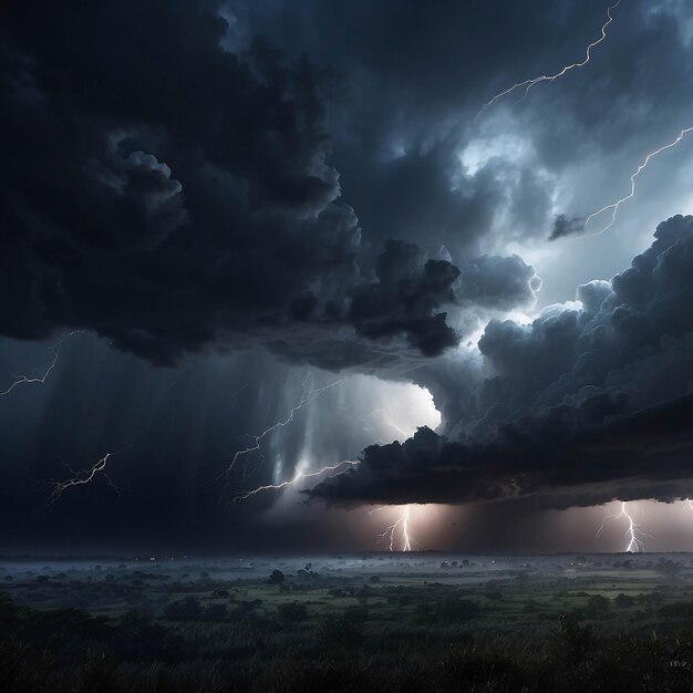 Foto van zware donkere regenwolken in de lucht met donder en bliksem die tornado's op een veld storten