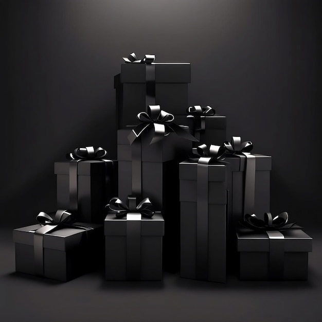 Foto van zwarte 3D-geschenkdozen geplaatst op donkere achtergrond gegenereerd door AI black friday Generative AI