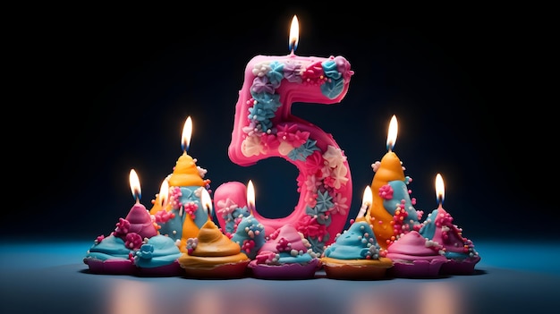 Foto verjaardags kaars als nummer vijf 5 op de top van zoete taart 5e verjaardag generatieve ai