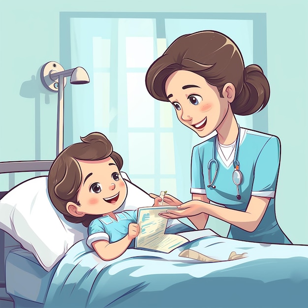 Foto verpleegster die patiënt helpt in een leuke cartoon