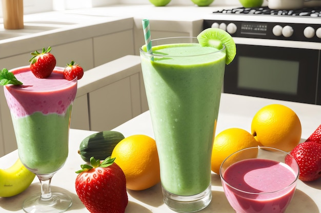 Foto vers fruit en groente smoothie op keukentafel in glas