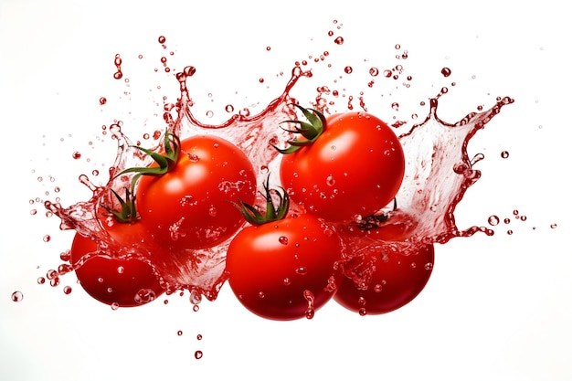 Foto verse rode tomaten plons in water op witte achtergrond generatieve ai