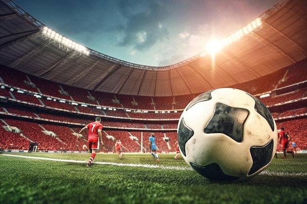 Foto voetbalscène in het stadion met close-up van een voetbalschoen die de bal schopt