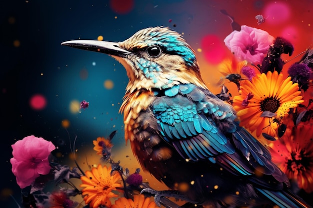 foto vogel in kleurrijke kleurrijke bloemen generatieve ai