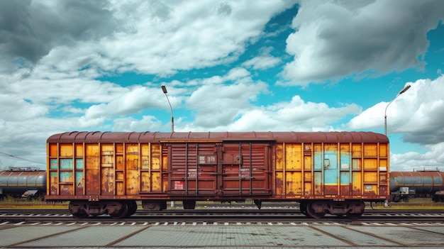 Foto voor een ontwerp met een vrachttreinwagen met containers op een achtergrond van de lucht