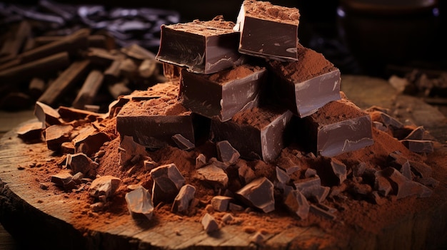 foto vooraanzicht van chocolade met cacaopoeder gegenereerd door AI