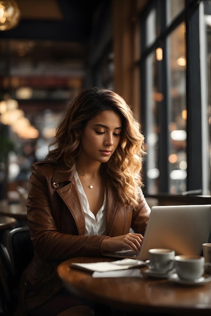 Foto vrouw die in een café werkt met een computer