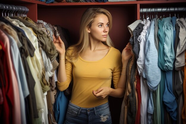 Foto foto vrouw die kleren kiest voor een garderobe