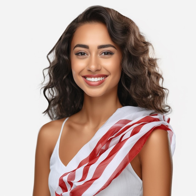 Foto foto vrouw lachend met vlag 4 juli met witte achtergrond