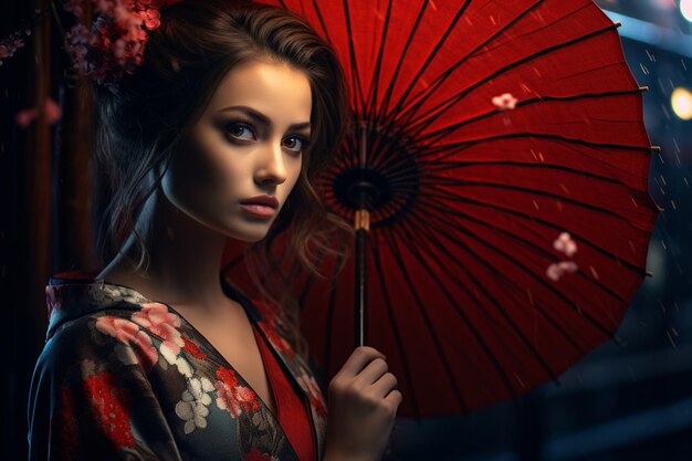 foto vrouw met kimono en wagasa paraplu