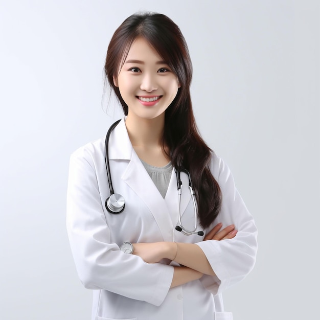 Foto vrouwelijke arts arts in medisch uniform met stethoscoop gekruiste armen op de borst glimlachend