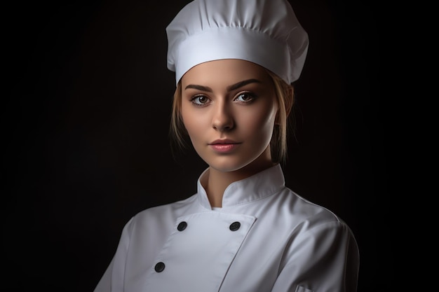 Foto vrouwelijke chef-kok met pet en wit uniform op zwarte achtergrond