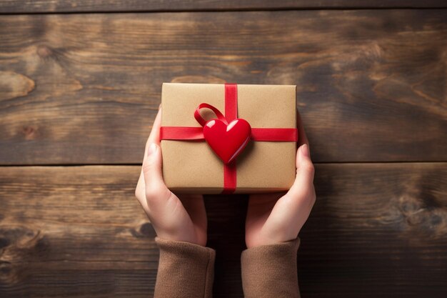 Foto foto vrouwelijke hand met een geschenkdoos met rood lint op houten vloer