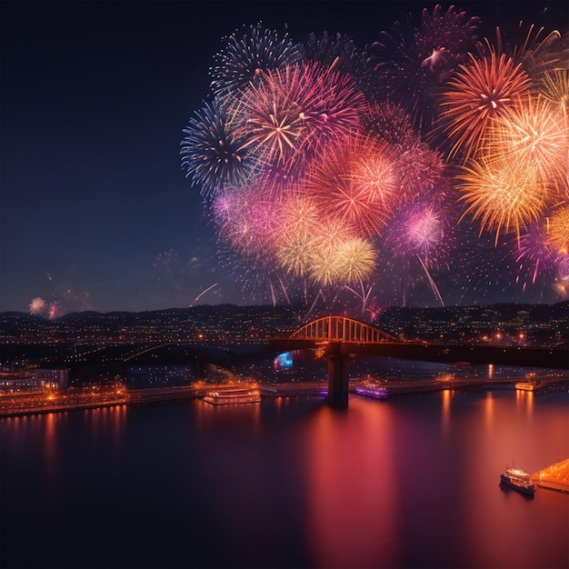 Foto vuurwerk kleurrijk's nachts stadsbeeld achtergrond voor feestviering