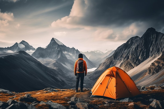 foto wandelaar staan bij de camping front oranje tent en rugzak in de bergen