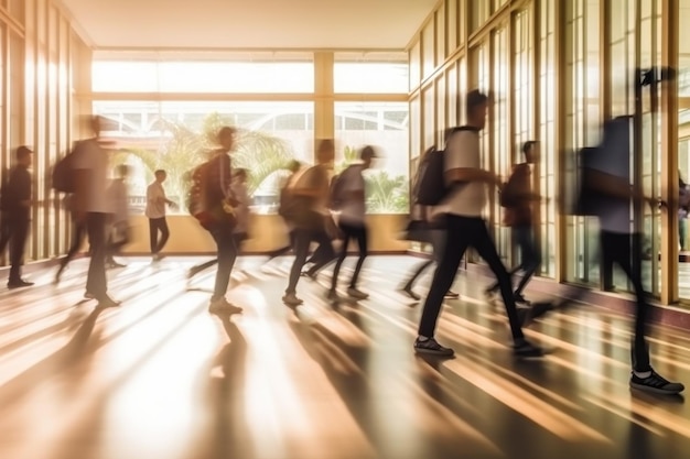 Foto wazig Abstract beeld van studentenmensen die op de school lopen Generatieve AI